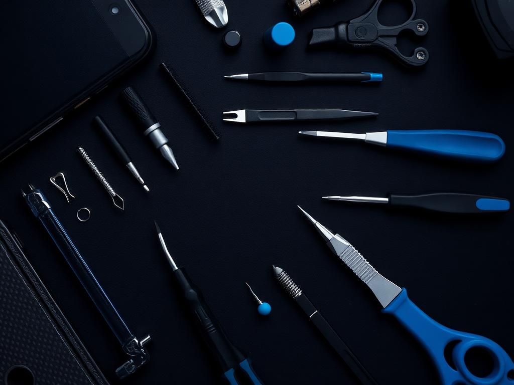 Precision phone repair tools laid out on a dark work surface